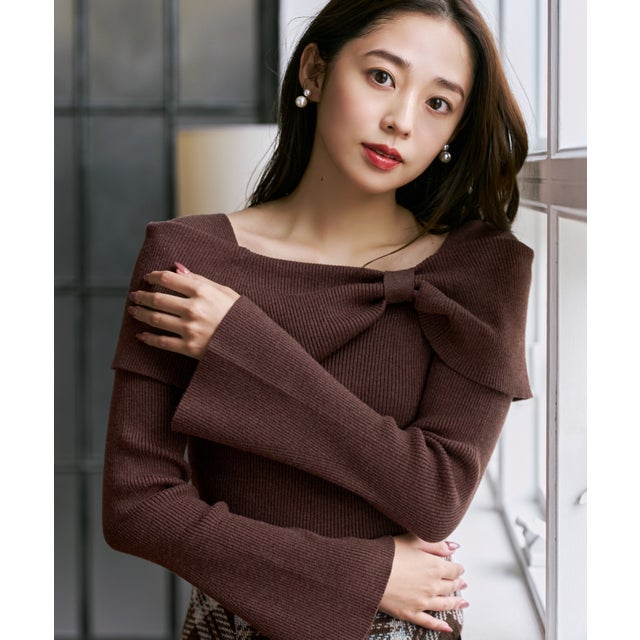 2026秋冬新作 クリスタルラメ2wayリボンケープニット MM648305 （BROWN）