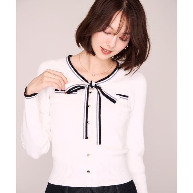 2026秋冬新作 マルチ配色ボウタイリブニット MM648306 （WHITE）