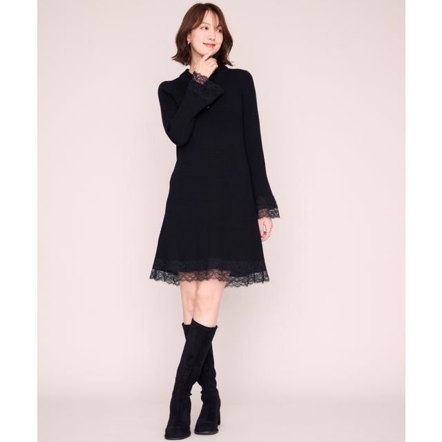 2026秋冬新作 襟付きレーストリムミニニットワンピース MM647404 （BLACK）