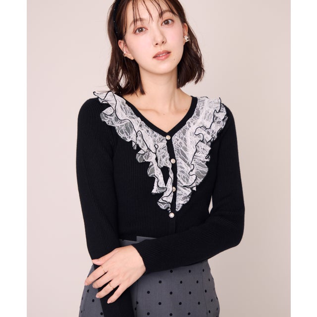 2026秋冬新作 メロー配色レースフリルニット MM648312 （BLACK）