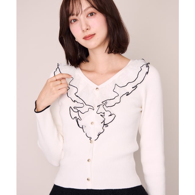 2026秋冬新作 メロー配色レースフリルニット MM648312 （WHITE）
