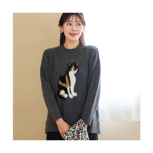 【3Lサイズあり】三毛猫セーター （グレー）