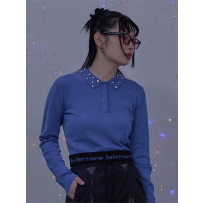 ミエット miette ビジューカラー裾ロゴポロニット （ブルー）｜詳細画像