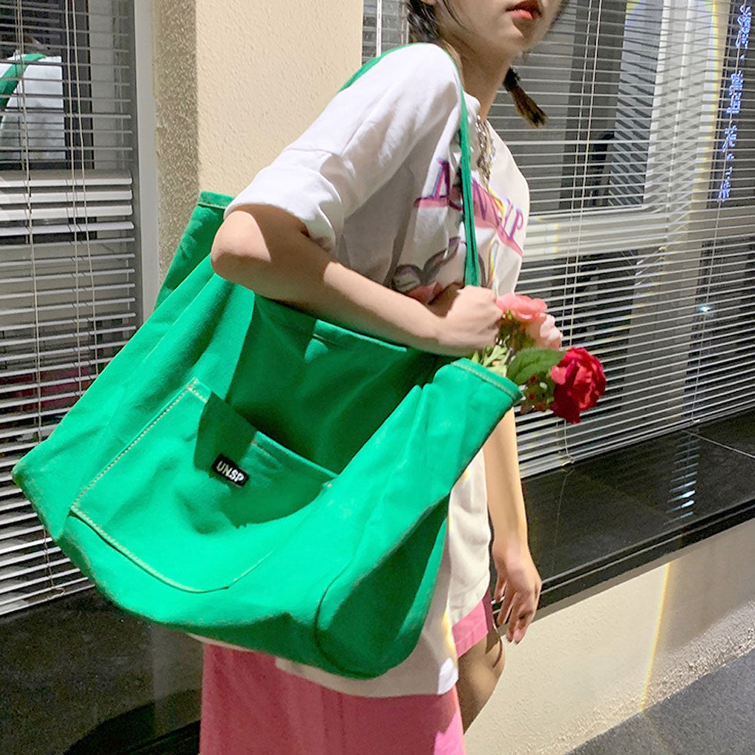 キャンバスバッグ グリーン 緑 韓国 シンプル 大きめ ユニ