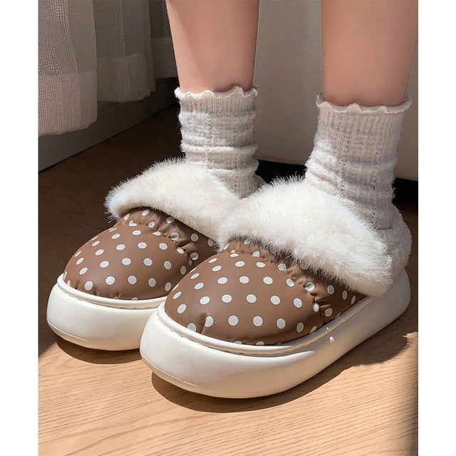 ドット柄ファーサボサンダルルームシューズ （ブラウン）