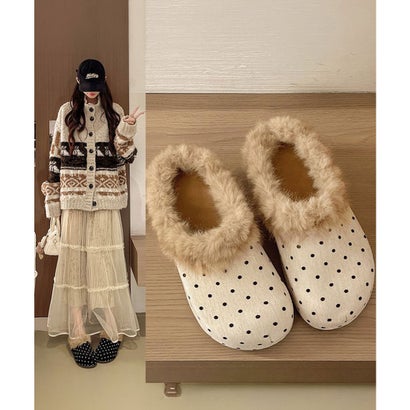 ミニミニストア miniministore ドット柄ファーサンダルサボサンダル秋冬靴 （アイボリー）｜詳細画像