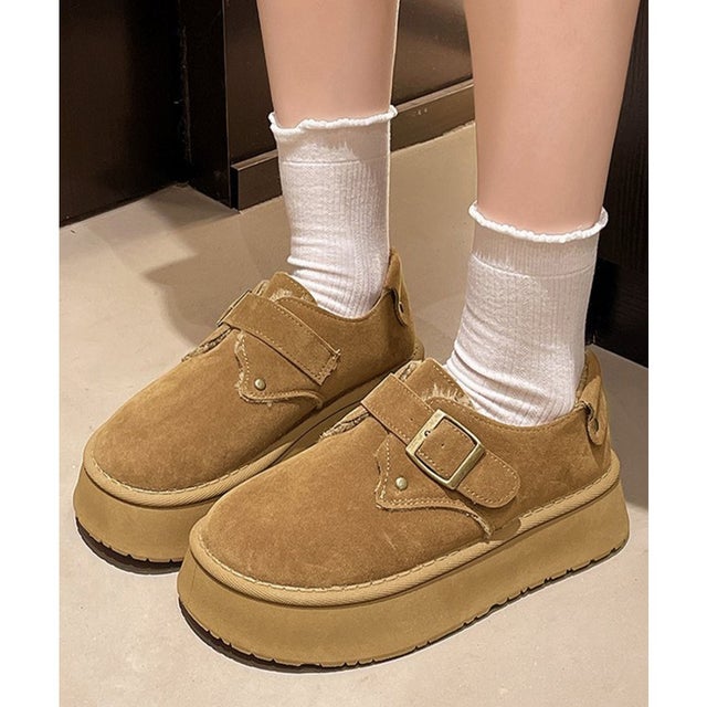 厚底ムートンシューズ裏起毛モカシンボア靴 （キャメル）