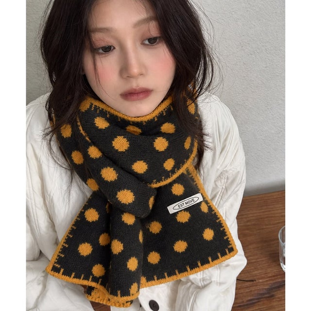 配色ドットニットロングマフラー韓国風秋冬 （ブラック*イエロー）