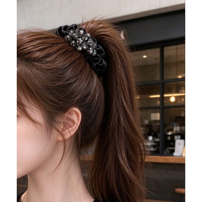 ビジュー付き上品シュシュ大人ヘアゴム （シャンパン）｜詳細画像