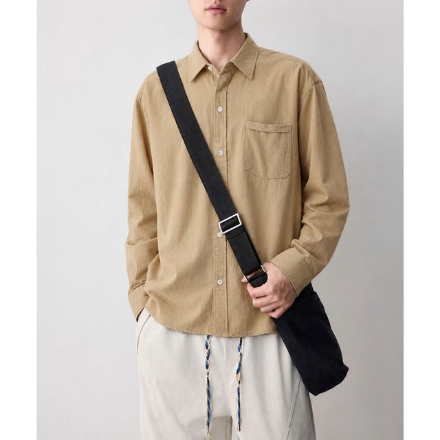 メンズ長袖シャツ綿麻風トップス韓国風秋服 （ベージュ）