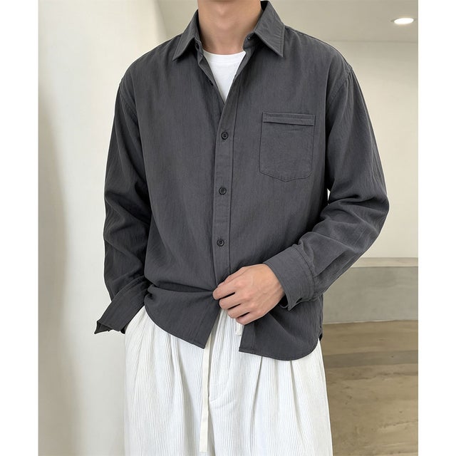 メンズ長袖シャツ綿麻風トップス韓国風秋服 （ダークグレー）