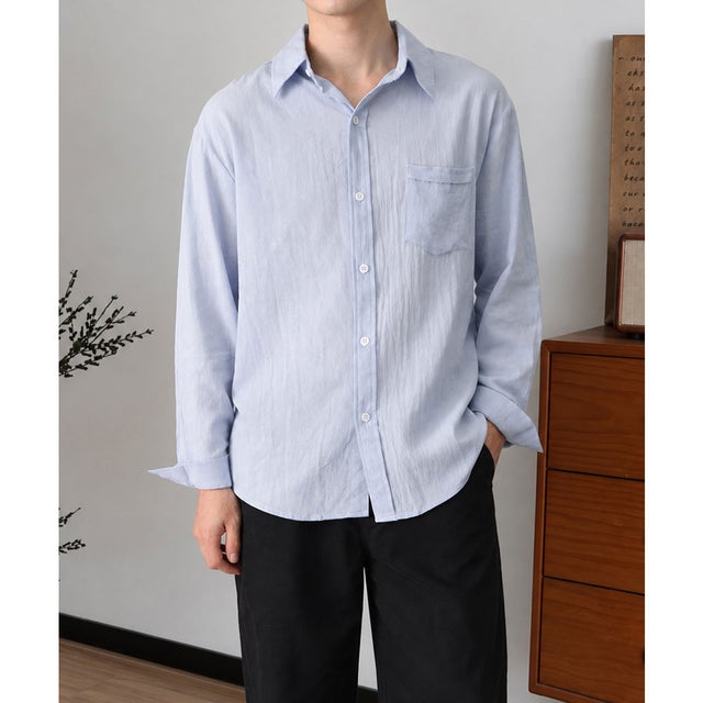 メンズ長袖シャツ綿麻風トップス韓国風秋服 （ライトブルー）