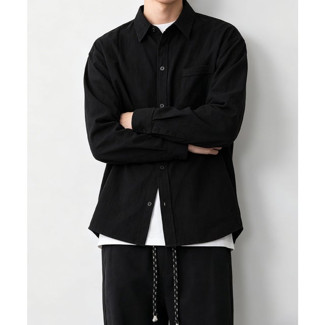 メンズ長袖シャツ綿麻風トップス韓国風秋服 （ブラック）