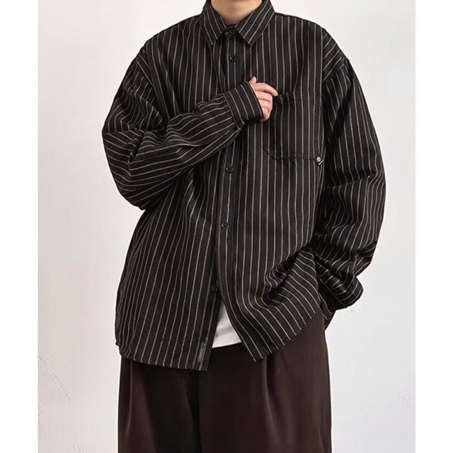 ストライプ柄シャツ メンズ秋冬シャツ長袖 （ブラック）