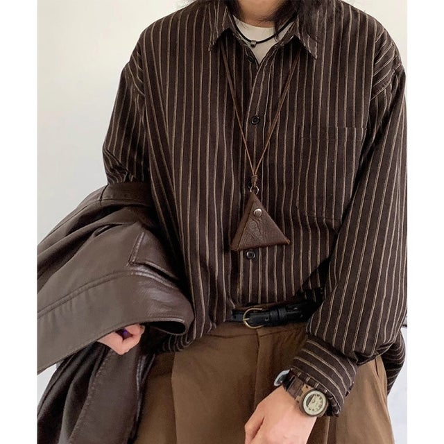 ストライプ柄シャツ メンズ秋冬シャツ長袖 （ブラウン）
