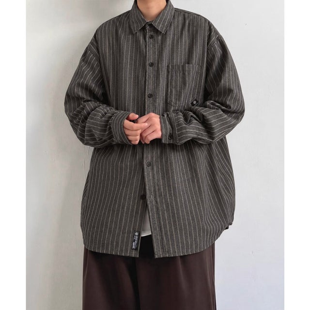 ストライプ柄シャツ メンズ秋冬シャツ長袖 （チャコールグレー）