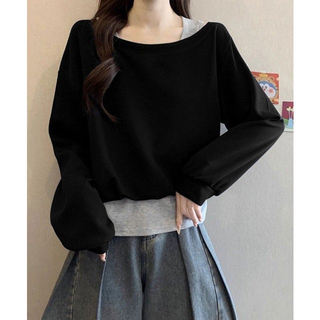 レイヤード風スウェットワンショルダー秋服 （ブラック）