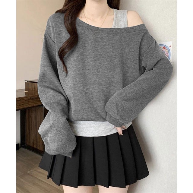 レイヤード風スウェットワンショルダー秋服 （ダークグレー）