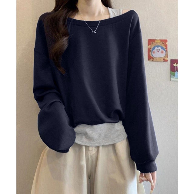 レイヤード風スウェットワンショルダー秋服 （ネイビー）