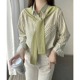 レイヤード風ストライプシャツ胸ポケット服 （グリーン）