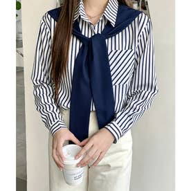 レイヤード風ストライプシャツ胸ポケット服 （ネイビー）
