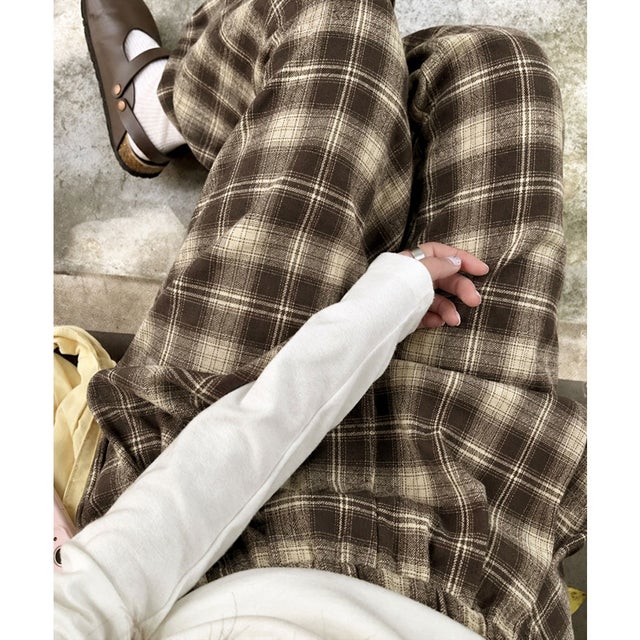 裏起毛チェック柄パンツ 裏ボアパンツ防寒 （ダークブラウン）