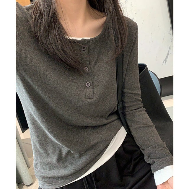 ヘンリーネック長袖リブカットソー重ね着風 （ダークグレー）