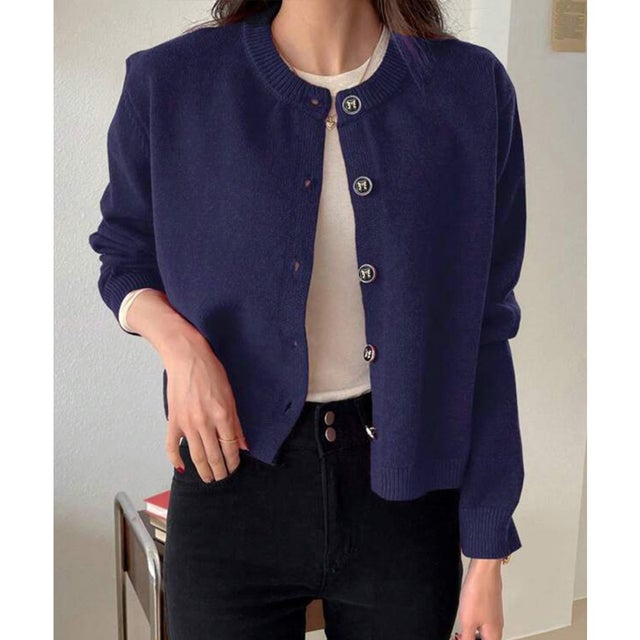 リボンボタンニットカーディガン秋冬服長袖 （ネイビー）