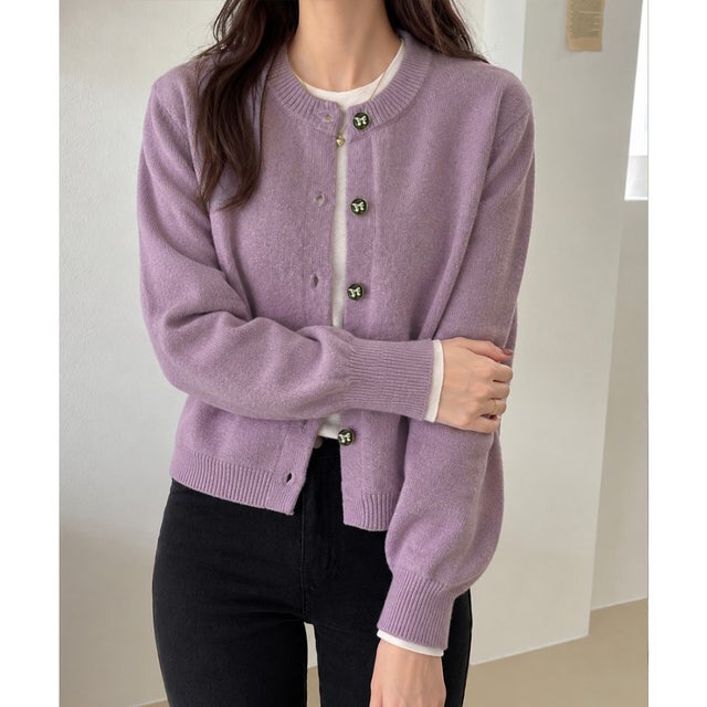 リボンボタンニットカーディガン秋冬服長袖 （ラベンダー）