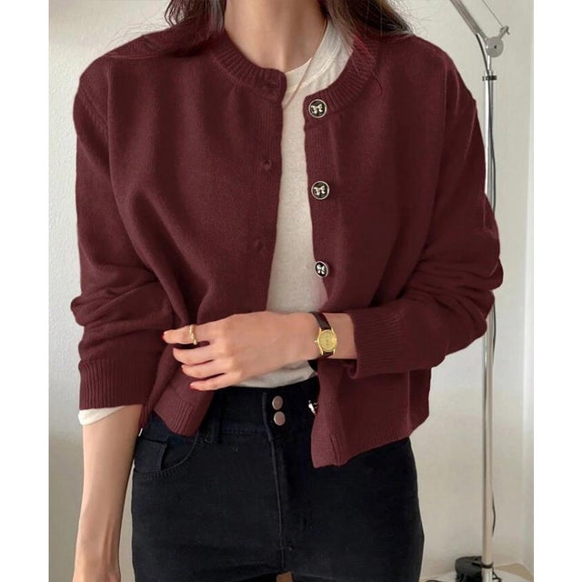 リボンボタンニットカーディガン秋冬服長袖 （ワインレッド）
