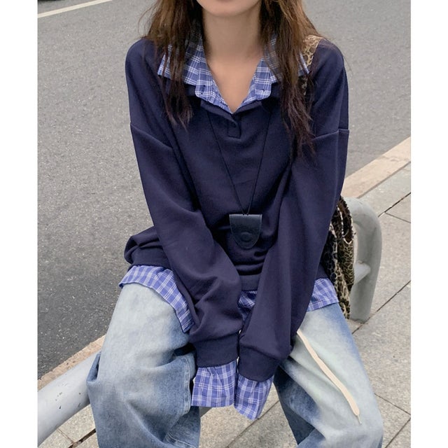 ポロ襟トップスチェックシャツレイヤード風 （ネイビー）