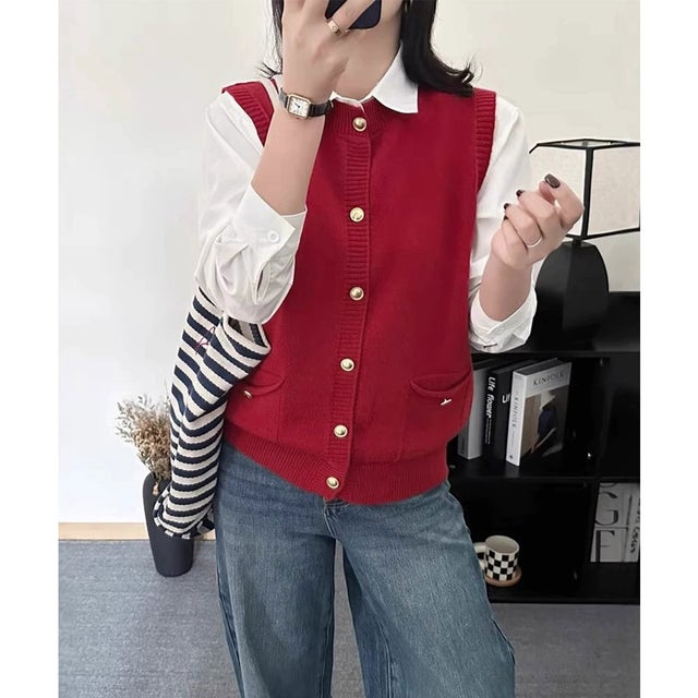 上品ニットベスト 前開きジレ （レッド）