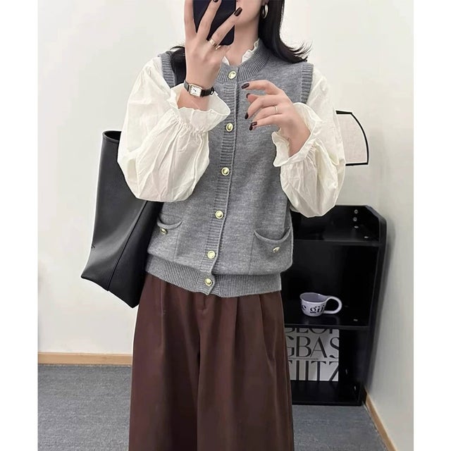 上品ニットベスト 前開きジレ （グレー）
