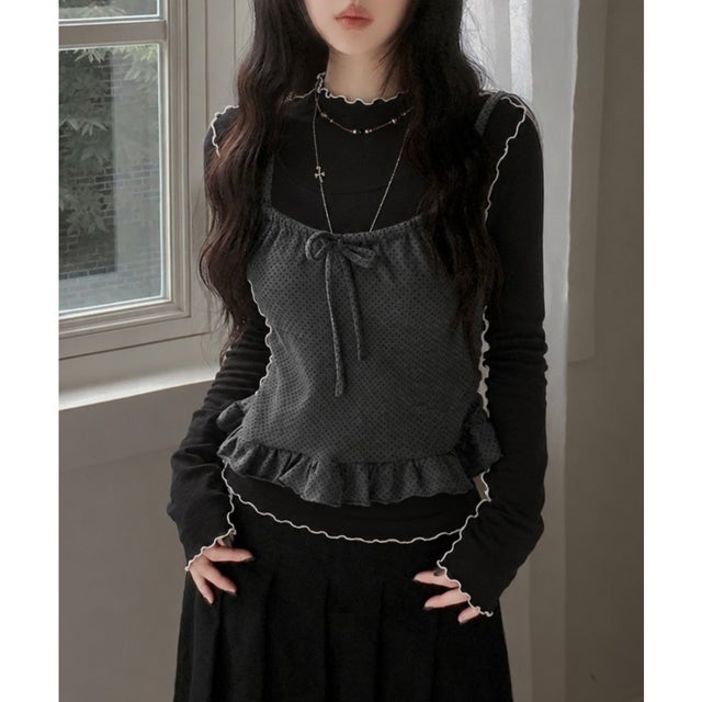 配色メロウ長袖トップスステッチカットソー （ブラック）