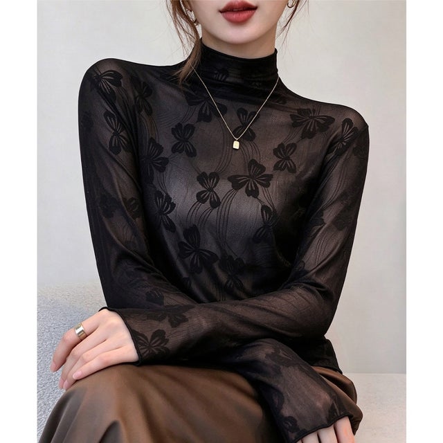 リボン柄シアートップス チュールインナー （ブラック）