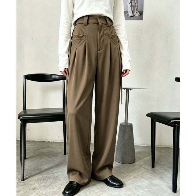 ハイウエストタックパンツワイドスラックス （ブラウン）