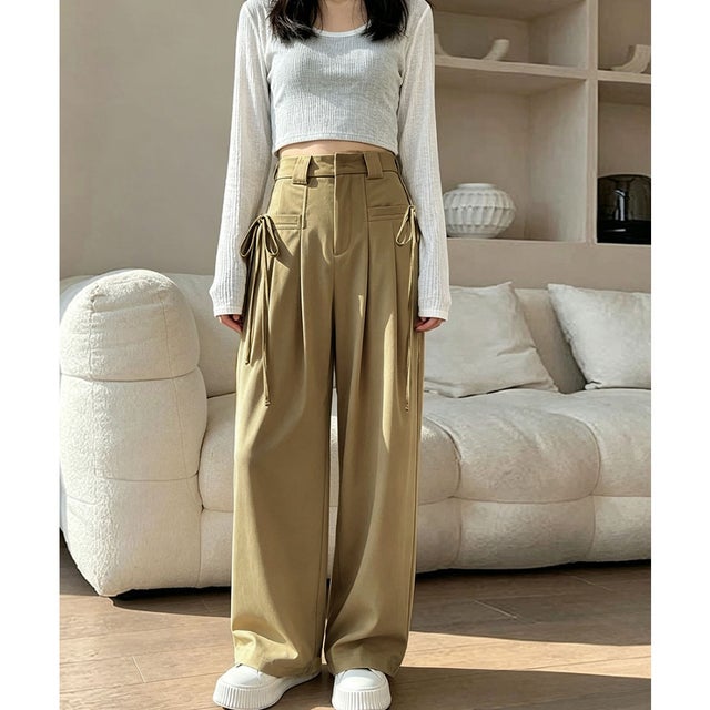ハイウエストタックパンツワイドスラックス （ベージュ）