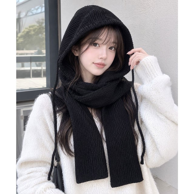 フードマフラーニットバラクラバ韓国風防寒 （ブラック）