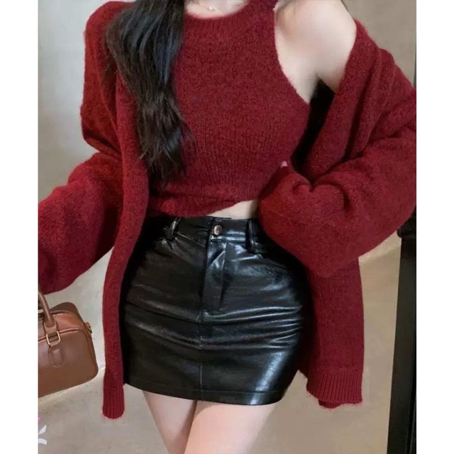 ロングニットアンサンブルタンクトップ付き （ワインレッド）