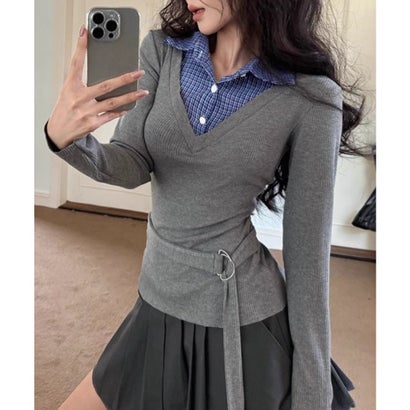 チェック襟レイヤード風トップス韓国風秋服｜詳細画像