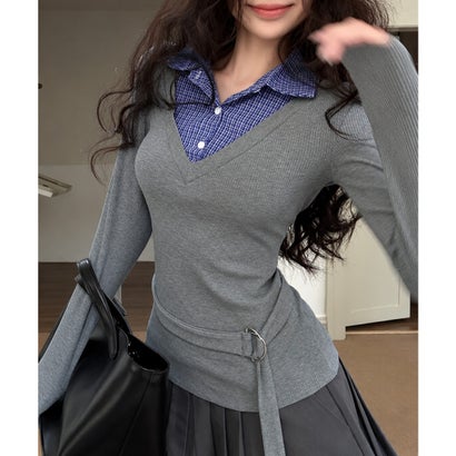 チェック襟レイヤード風トップス韓国風秋服｜詳細画像