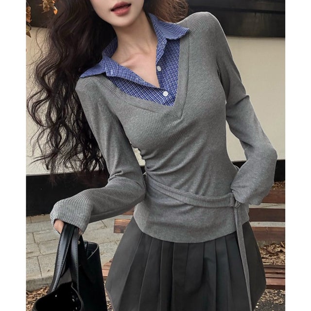 チェック襟レイヤード風トップス韓国風秋服