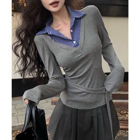 チェック襟レイヤード風トップス韓国風秋服