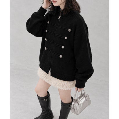 スタンドカラーミリタリーニットジャケット （ネイビー）｜詳細画像
