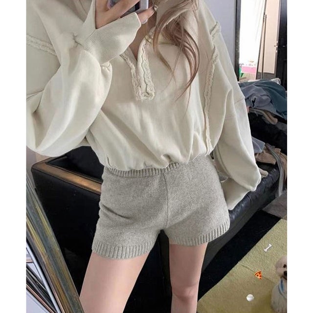 ショートニットパンツ 暖かい短パン 春秋 （ライトグレー）