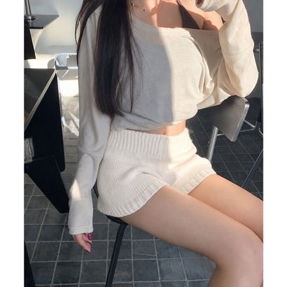 ショートニットパンツ 暖かい短パン 春秋 （チャコールグレー）｜詳細画像