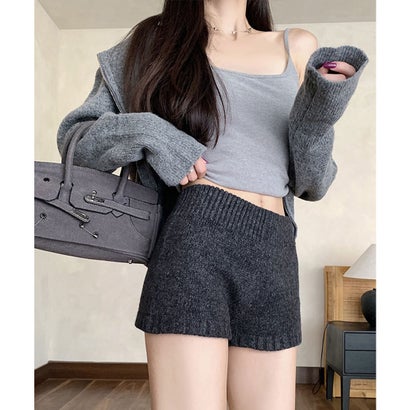 ショートニットパンツ 暖かい短パン 春秋 （チャコールグレー）｜詳細画像
