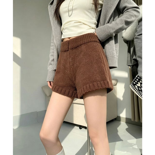 ショートニットパンツ 暖かい短パン 春秋 （キャメル）
