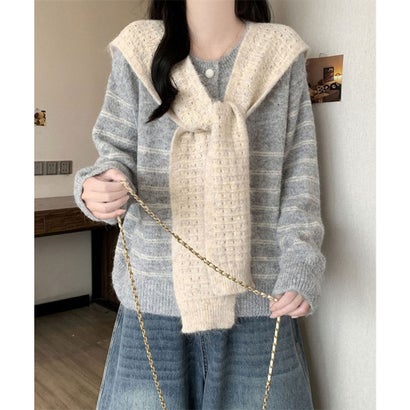 ボーダー柄カーディガンショールセット （グレー）｜詳細画像