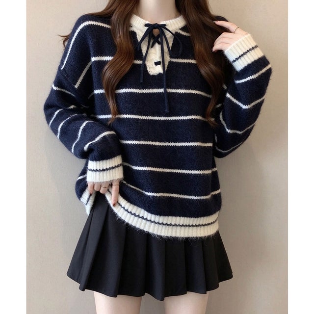 ボーダーニットトップスレースアップネック （ネイビー）